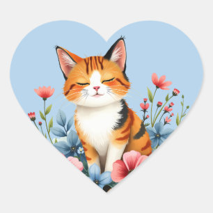 Adesivo Coração Cottagecore Floral Gato Sereno Felino Botânico