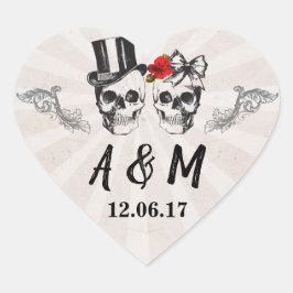 Adesivo Coração Crânios Rústicos Rosas de Rolagem de Vintage Rótul