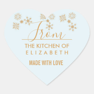 Adesivo Coração Cristais Dourados do floco de neve no azul gelado