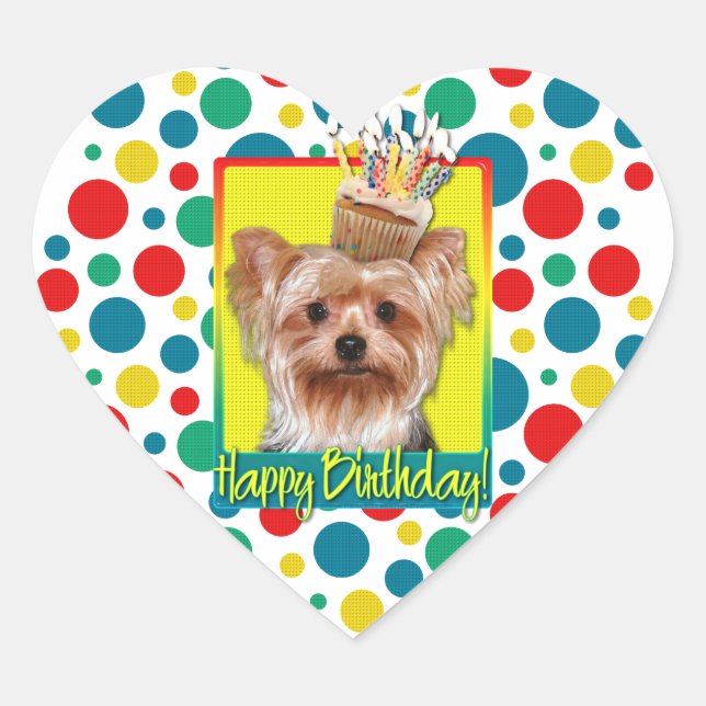 Adesivo Coração Cupcake de aniversário - Yorkshire Terrier (Frente)