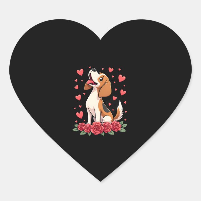 Adesivo Coração Cute Beagle with Red Roses Hearts Floral Valentine (Frente)