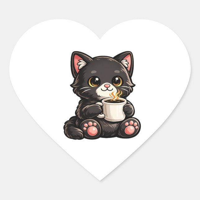 Adesivo Coração Cute Black Cat with Coffee (Frente)