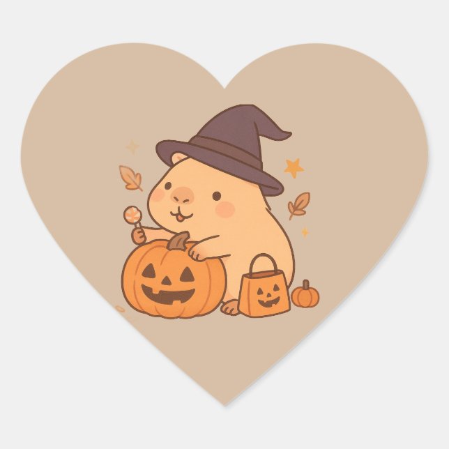 Adesivo Coração Cute Capybara Pumpkin Halloween Sticker (Frente)