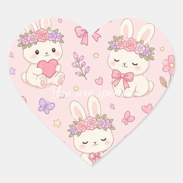 Adesivo Coração Cute Kawaii Bunny Flower Crown Pattern (Frente)