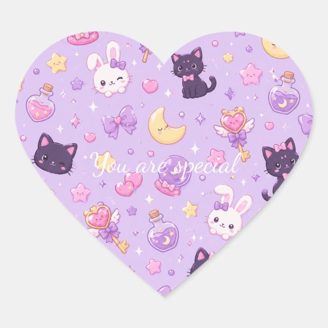 Adesivo Coração Cute Kawaii Magic Cats Pattern | Pastel Witchy  (Frente)