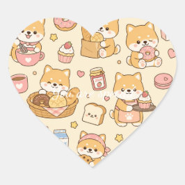 Adesivo Coração Cute Kawaii Shiba Bakery Pattern | Cozy Breakfast 