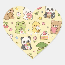 Adesivo Coração Cute Kawaii Spring Animal Friends Pattern | Pastel