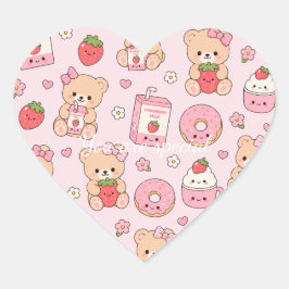Adesivo Coração Cute Kawaii Strawberry Teddy Bear Pattern | Pink 