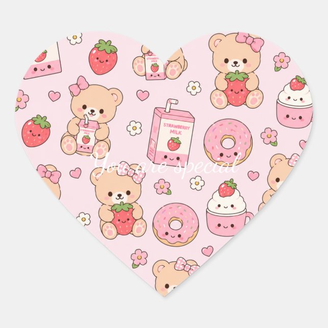 Adesivo Coração Cute Kawaii Strawberry Teddy Bear Pattern | Pink  (Frente)