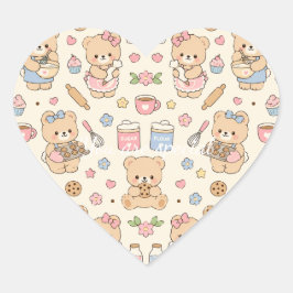 Adesivo Coração Cute Kawaii Teddy Bear Baking Pattern | Cozy Kitch