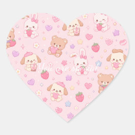 Adesivo Coração Cute Kawaii Teddy Bears & Strawberries Pattern 