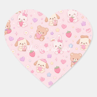 Adesivo Coração Cute Kawaii Teddy Bears & Strawberries Pattern