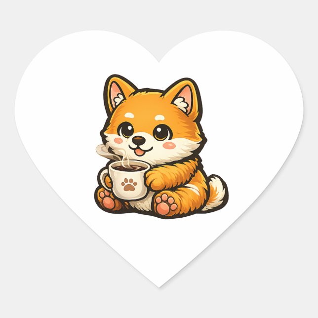 Adesivo Coração Cute Shiba Inu with Coffee – Cozy Dog Illustration (Frente)