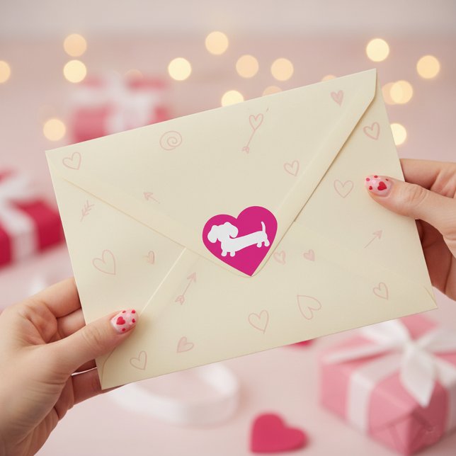 Adesivo Coração Dachshund Pink Love Heart Sticker Envelope Seal (Pink dachshund stickers for envelope seals or gifting)
