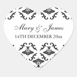 Adesivo Coração Damasco elegante do preto da data do casamento