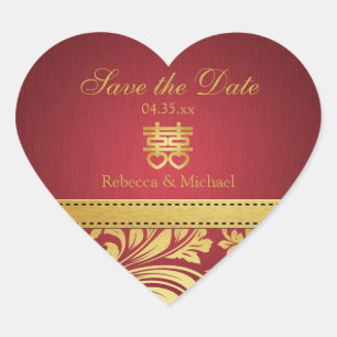 Adesivo Coração Damasco vermelho & Dourado, coração dobro chinê