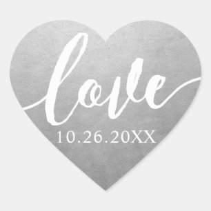 Adesivo Coração Data de Casamento do Script de Amor do Silver Faux