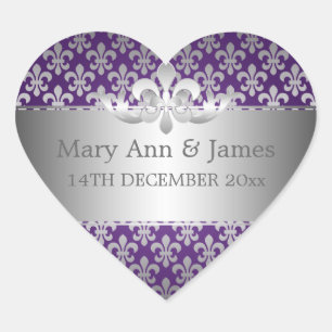 Adesivo Coração Data de Casamento Elegante Fleur De Lis Purple