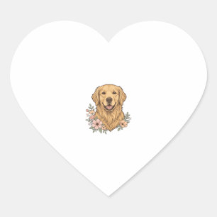 Adesivo Coração Desenho de Gravura Vintage Floral Golden Retriever