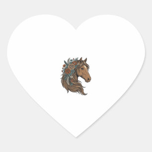 Adesivo Coração Desenho Vetorial de Cabeça de Cavalo Floral Vintag