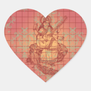Adesivo Coração Deusa hindu amarela vermelha Saraswati Wisdom Índi