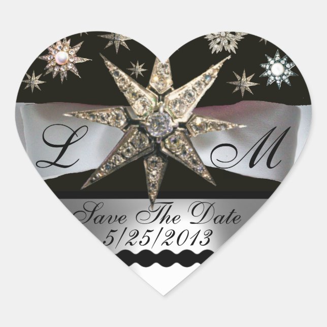 ADESIVO CORAÇÃO DIAMOND STARS BLACK WHITE RIBBON MONOGRAM HEART (Frente)