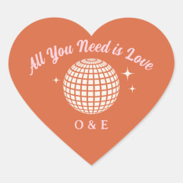 Adesivo Coração Disco Ball Sparkles 70s Iniciais de Casamento Retr