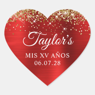 Adesivo Coração Dourada Glitter Red Foil Mis XV Anos Aniversário