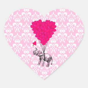 Adesivo Coração Elefante bonito engraçado & damasco cor-de-rosa