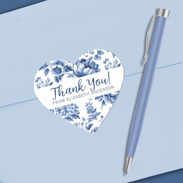 Adesivo Coração Elegant Blue Vintage Rose Floral Thank You (A pretty blue floral Thank you sticker. Personalize it with your name.)