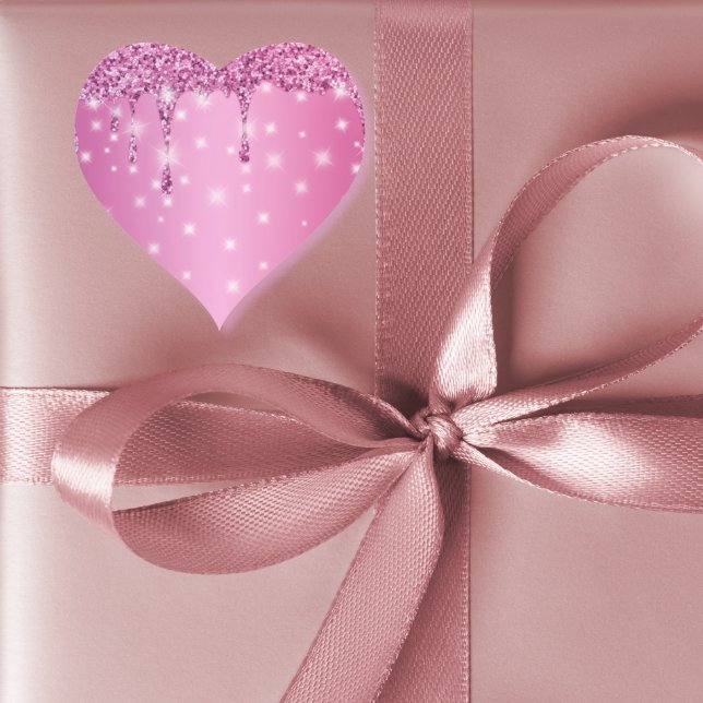 Adesivo Coração Elegante Brilho Rosa Quente Gotejante (Glam hot pink glitter drip bachelorette sticker- perfect for gift bags, favors, or party decor.)