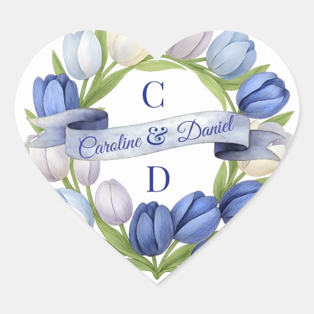 Adesivo Coração Elegante Watercolor Tulip Wreath Casamento Blue Iv (Frente)