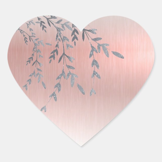 Adesivo Coração Elegantes Folhas de Brilho Cor-de-Rosa Metálico (Frente)