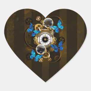 Adesivo Coração Engrenagens Steampunk e Borboletas Azuis