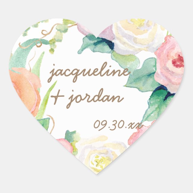 Adesivo Coração Envelope Selo Simples Moderno Rosa Floral de Aquar (Frente)