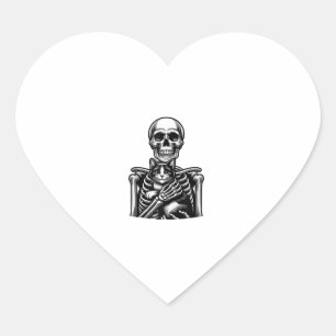 Adesivo Coração Esqueleto Engraçado brincando com um gato Caveira 