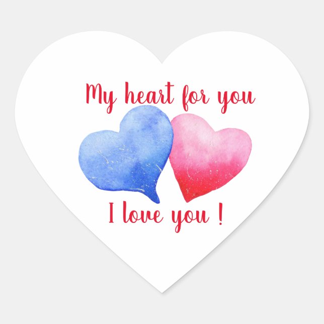 Adesivo Coração Eu amo você coração vermelho e azul aquarela     (Frente)