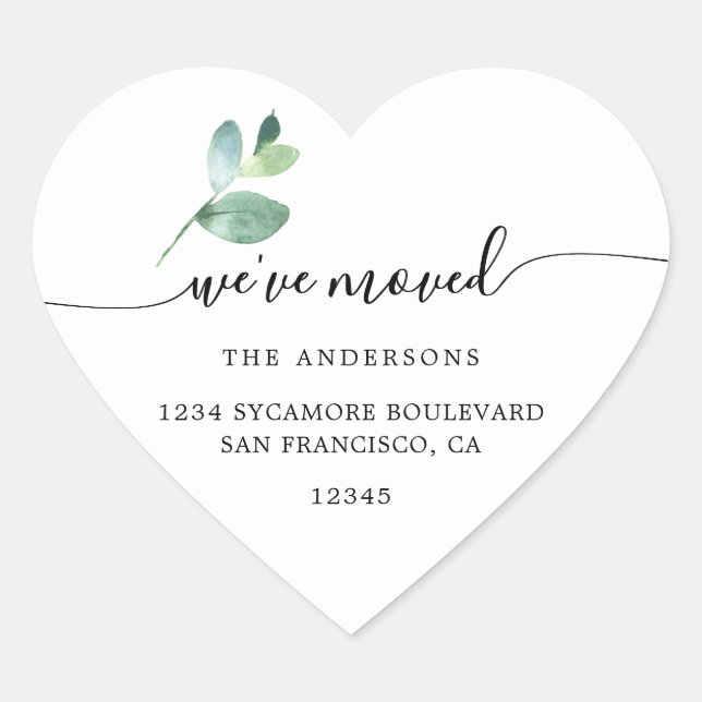 Adesivo Coração Eucalyptus Calligraphy We’ve Moved New Address (Frente)