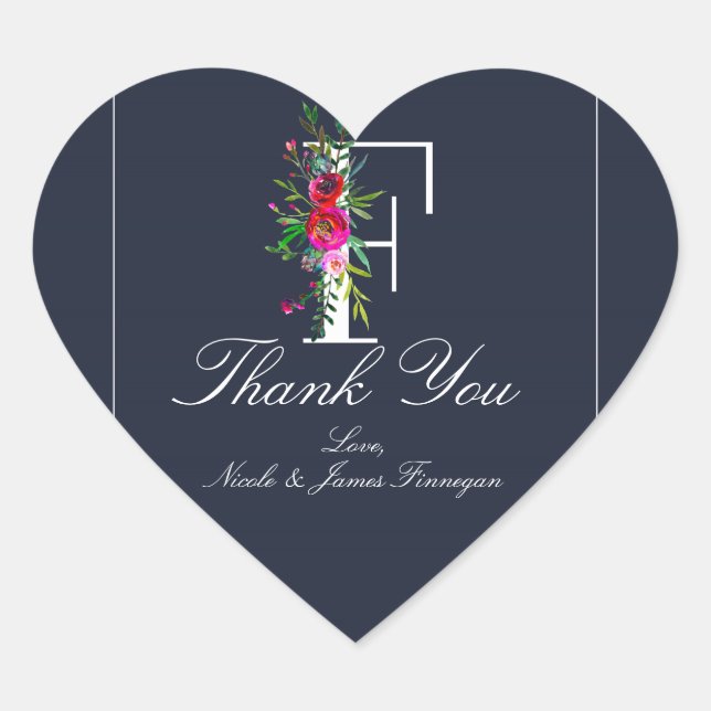 Adesivo Coração F Monograma Última Inicial Moderna Floral Azul Cas (Frente)