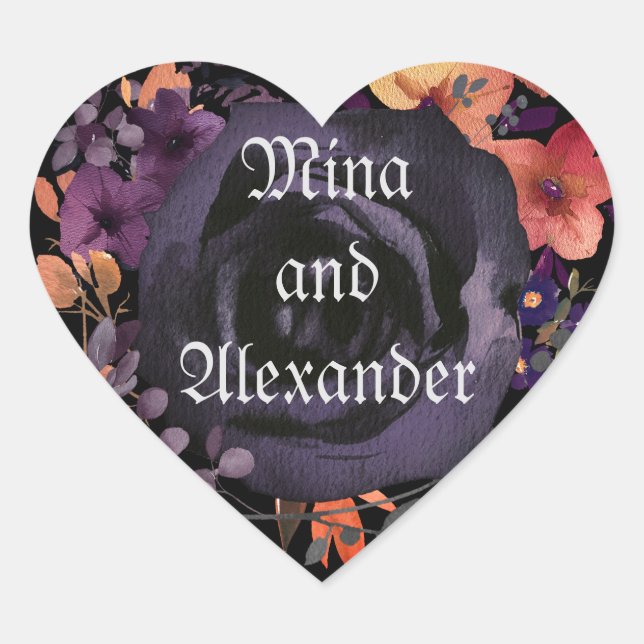 Adesivo Coração Favor de casamento Black Rose Floral Hallowedding (Frente)