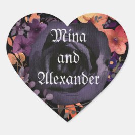 Adesivo Coração Favor de casamento Black Rose Floral Hallowedding