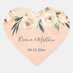 Adesivo Coração Favor de casamento Floral Bege Blush em Rosa