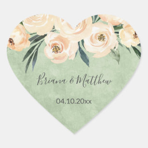 Adesivo Coração Favor de casamento Floral Bege Blush em Verde