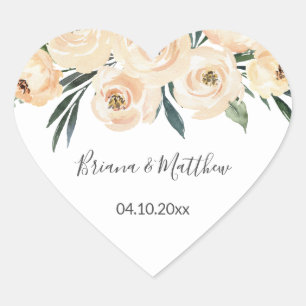 Adesivo Coração Favor de casamento Floral Beige Blush em Branco