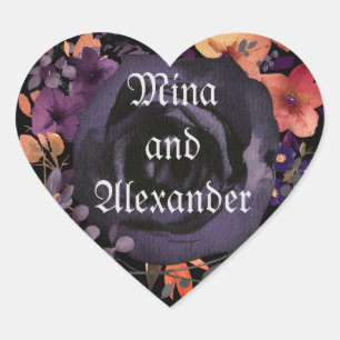 Adesivo Coração Favor de casamento Floral Rosa Negra