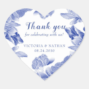 Adesivo Coração Favor Elegante Personalizado Azul Branco Floral de