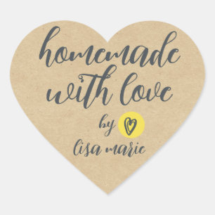Adesivo Coração Feito em Casa com Amor Personalizado em Papel Kraf