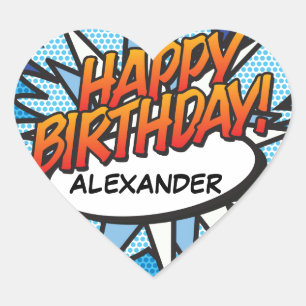 Adesivo Coração FELIZ ANIVERSÁRIO Diversão Retro Comic Book