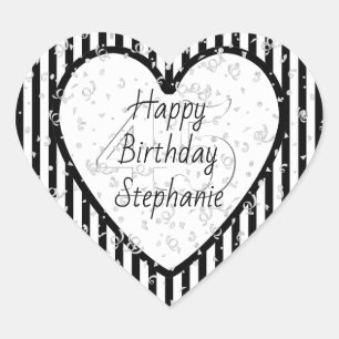 Adesivo Coração Feliz aniversario do teste padrão preto e branco