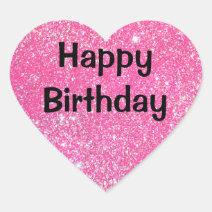 Adesivo Coração Feliz Aniversário Preto Rosa Glitter Brilho